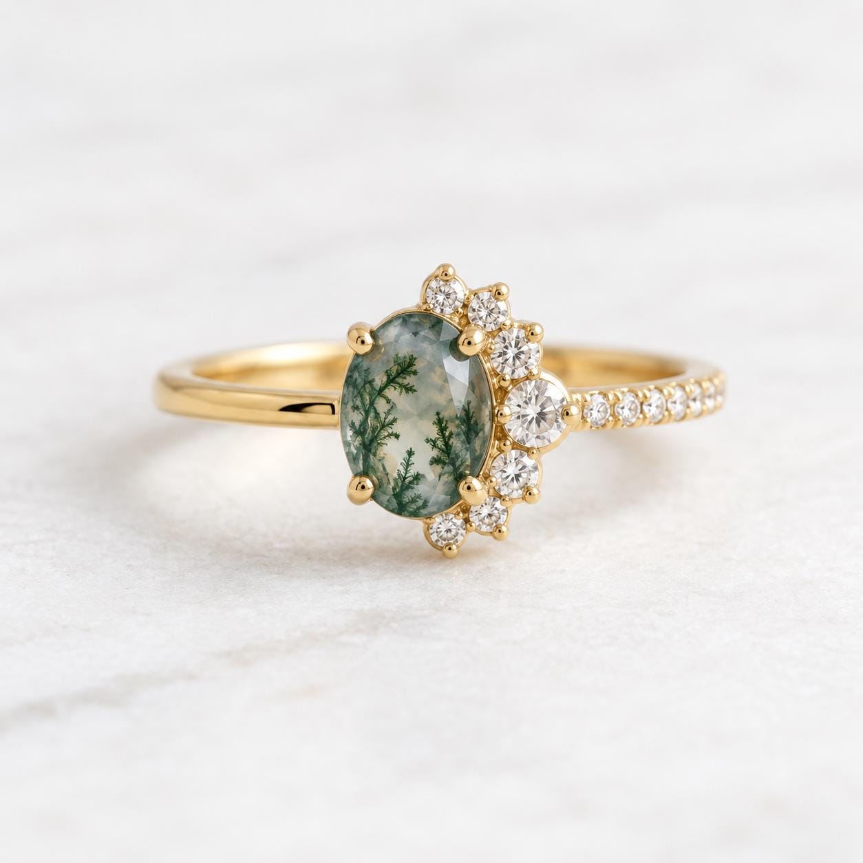 Oval Moss Agate & Lab Diamond Asymmetric Cluster Ring, photo 7