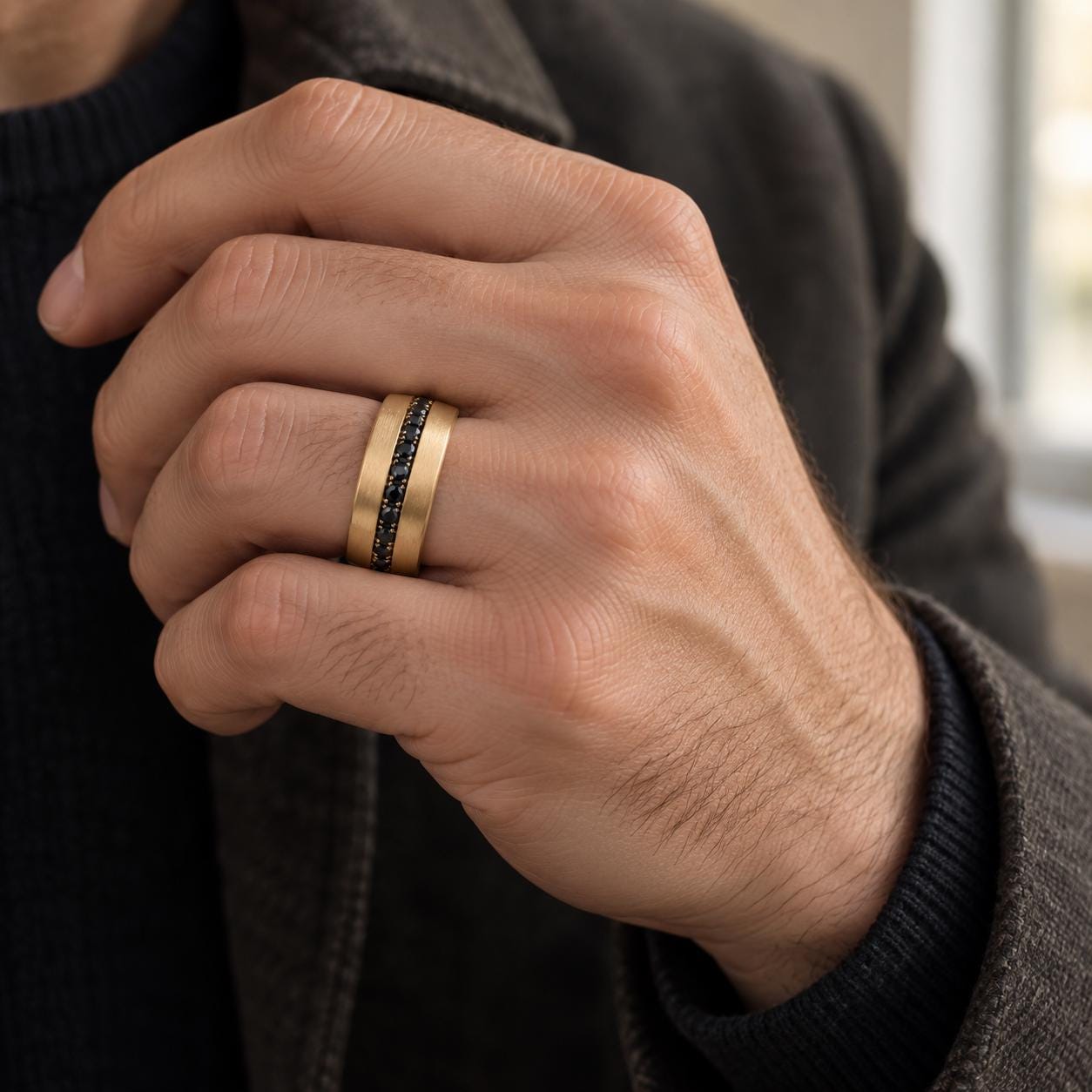 Natural Black Diamond Matte Gold Wedding Band, 6 mm, photo 7
