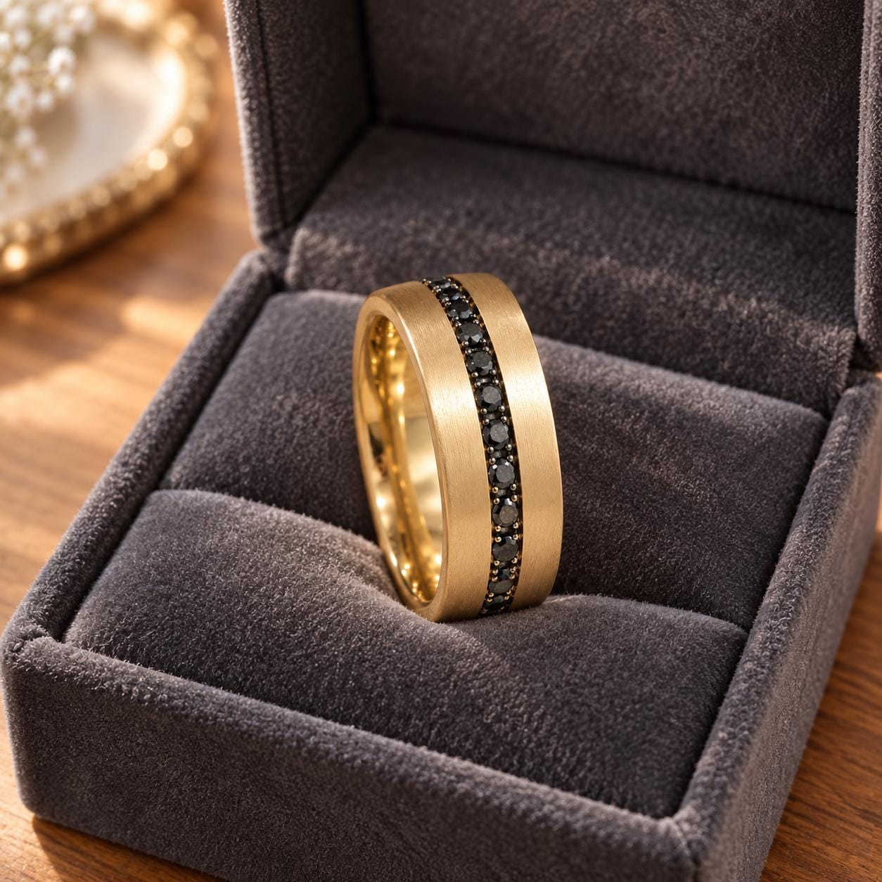 Natural Black Diamond Matte Gold Wedding Band, 6 mm, photo 8