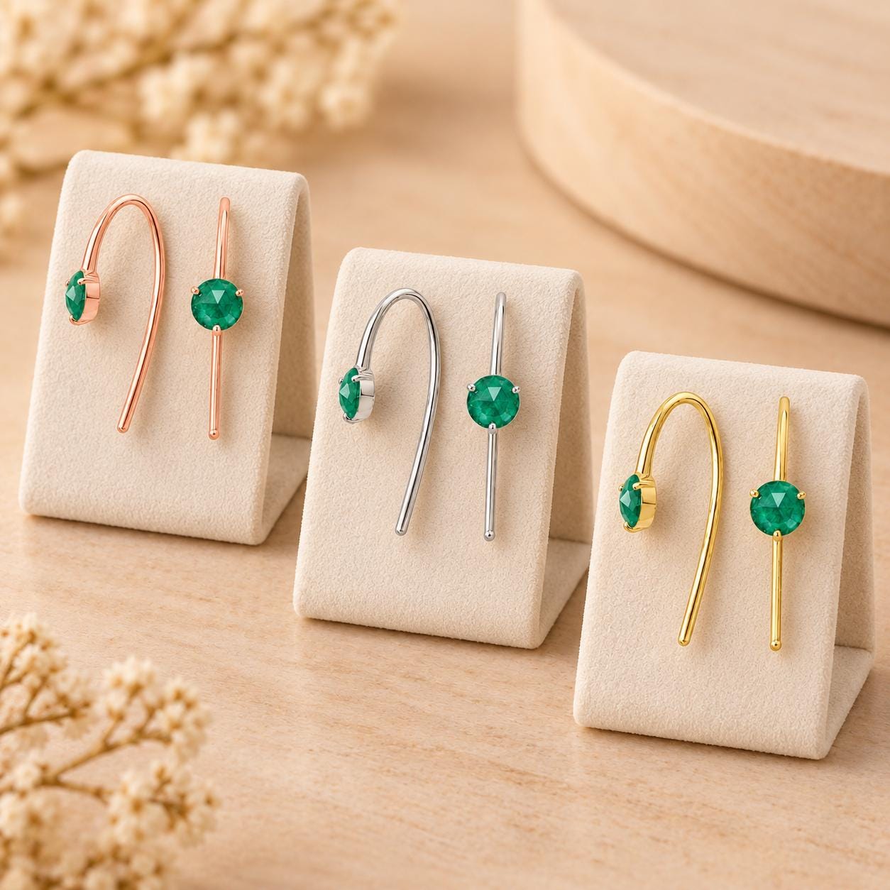 Natural Emerald Threader Earrings in Solid Gold, photo 5