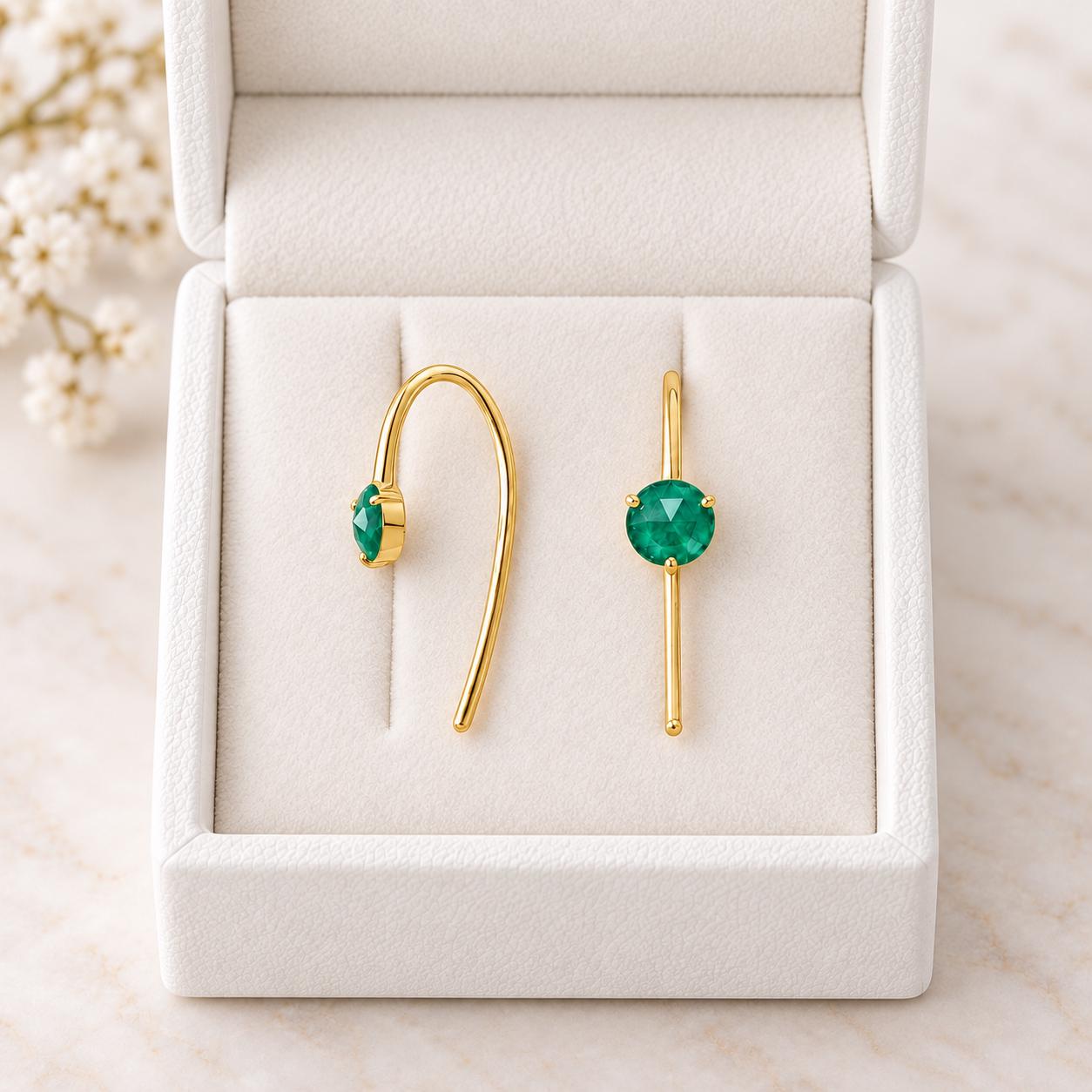 Natural Emerald Threader Earrings in Solid Gold, photo 6