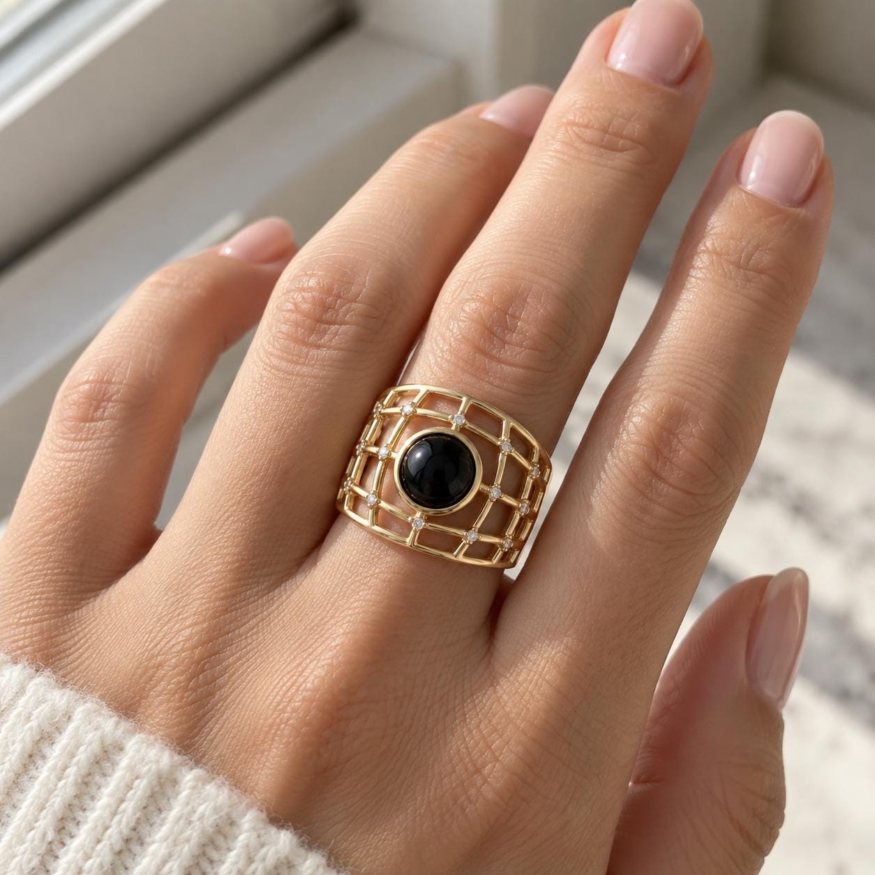 Black Onyx & Lab Diamond Lattice Ring, 8 mm, photo 2