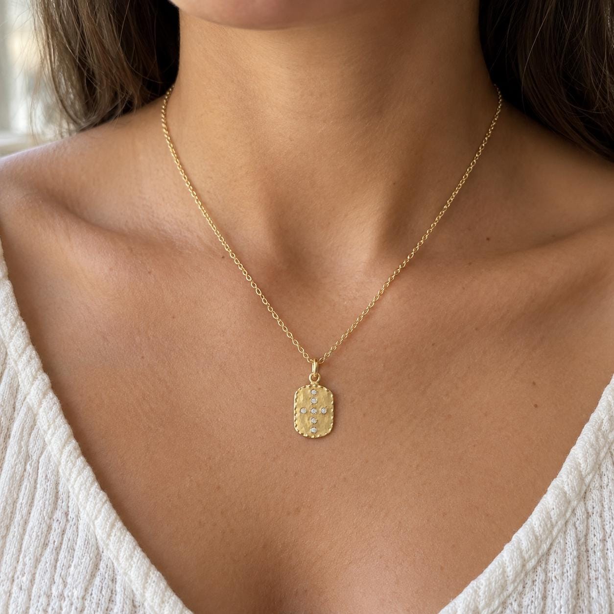 Diamond Cross Tag Necklace in Hammered Solid Gold, photo 2