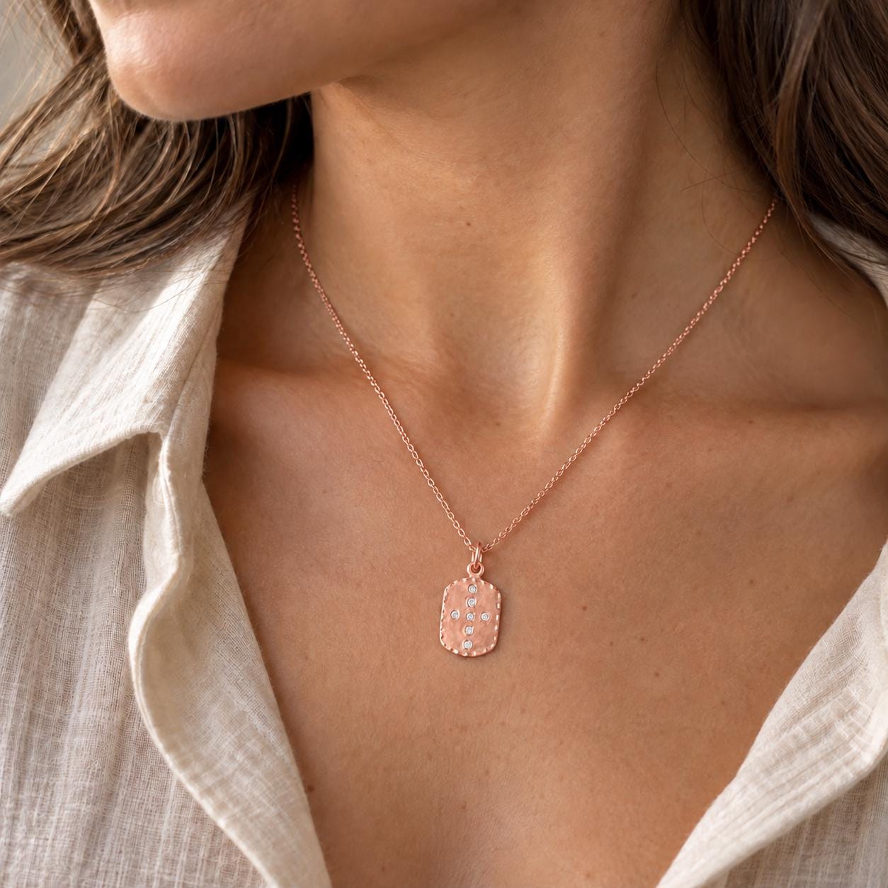 Diamond Cross Tag Necklace in Hammered Solid Gold, photo 3