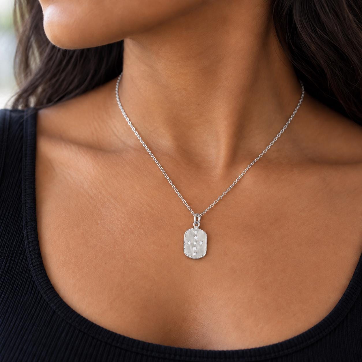 Diamond Cross Tag Necklace in Hammered Solid Gold, photo 4