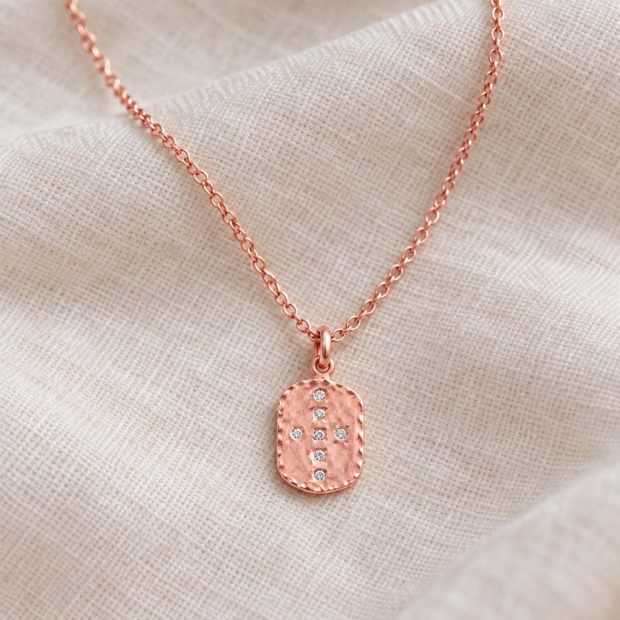 Diamond Cross Tag Necklace in Hammered Solid Gold, photo 8