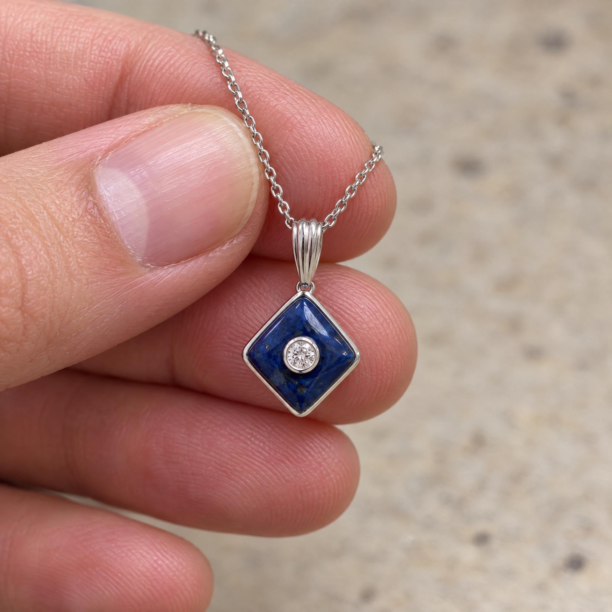 Lapis Lazuli & Diamond Square Pendant Necklace, photo 1