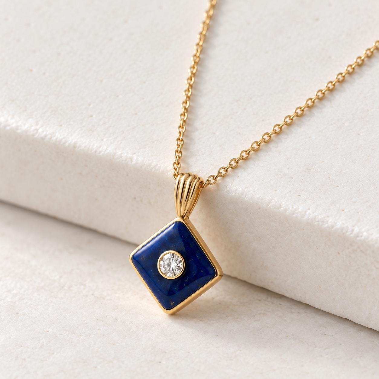 Lapis Lazuli & Diamond Square Pendant Necklace, photo 2