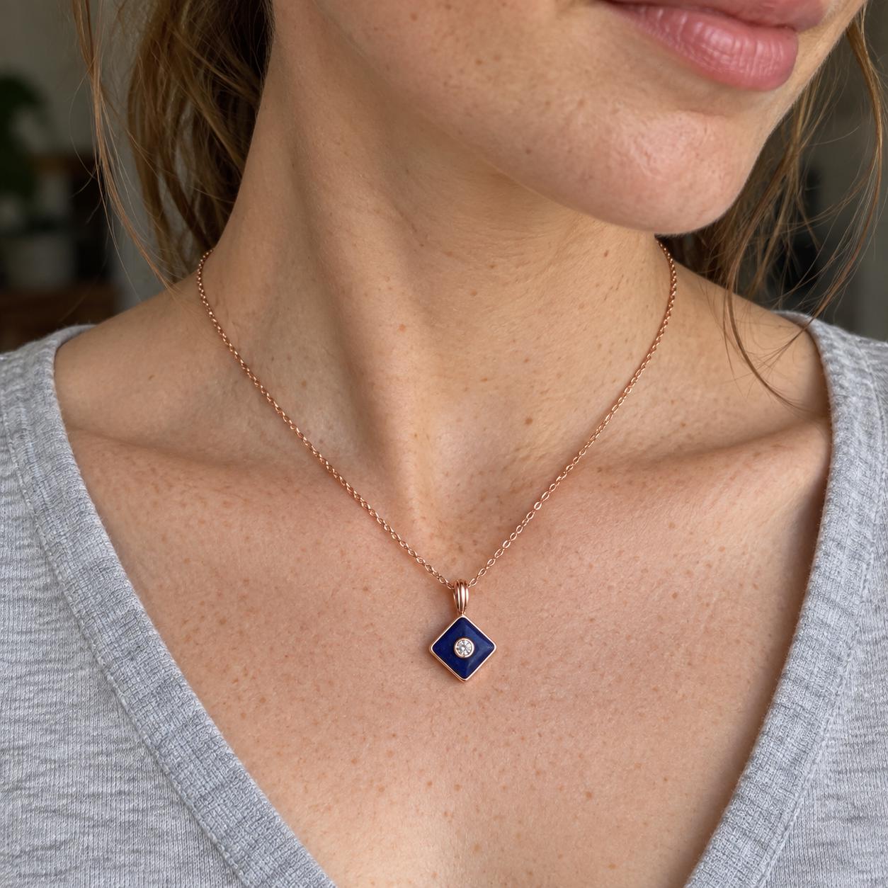 Lapis Lazuli & Diamond Square Pendant Necklace, photo 4