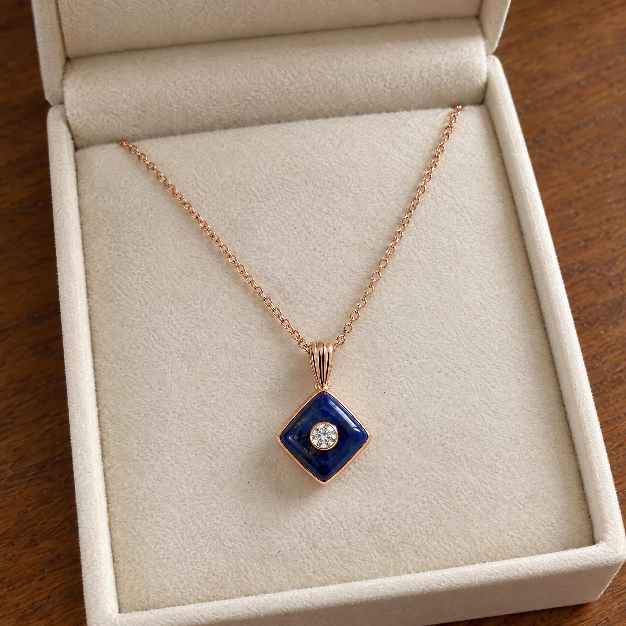 Lapis Lazuli & Diamond Square Pendant Necklace, photo 9