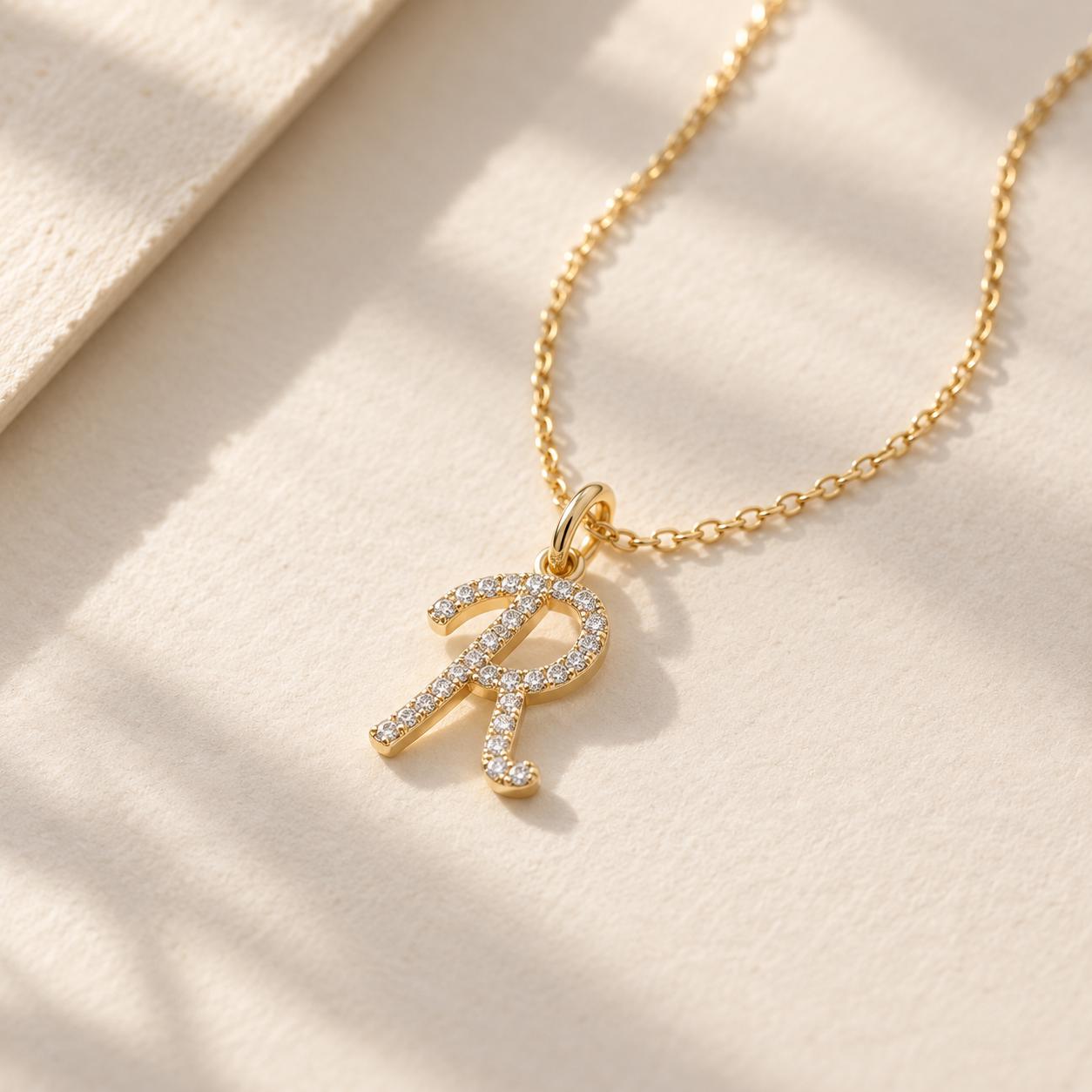Diamond Script Initial Necklace in Solid Gold, photo 1