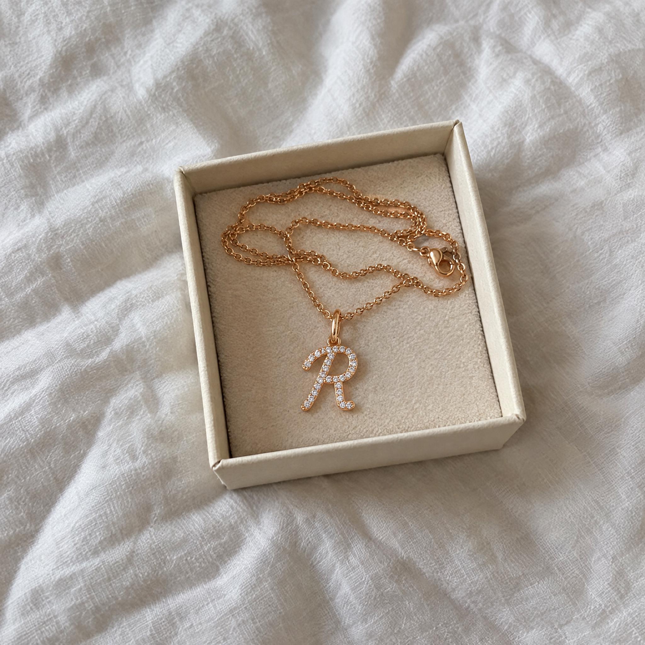 Diamond Script Initial Necklace in Solid Gold, photo 7