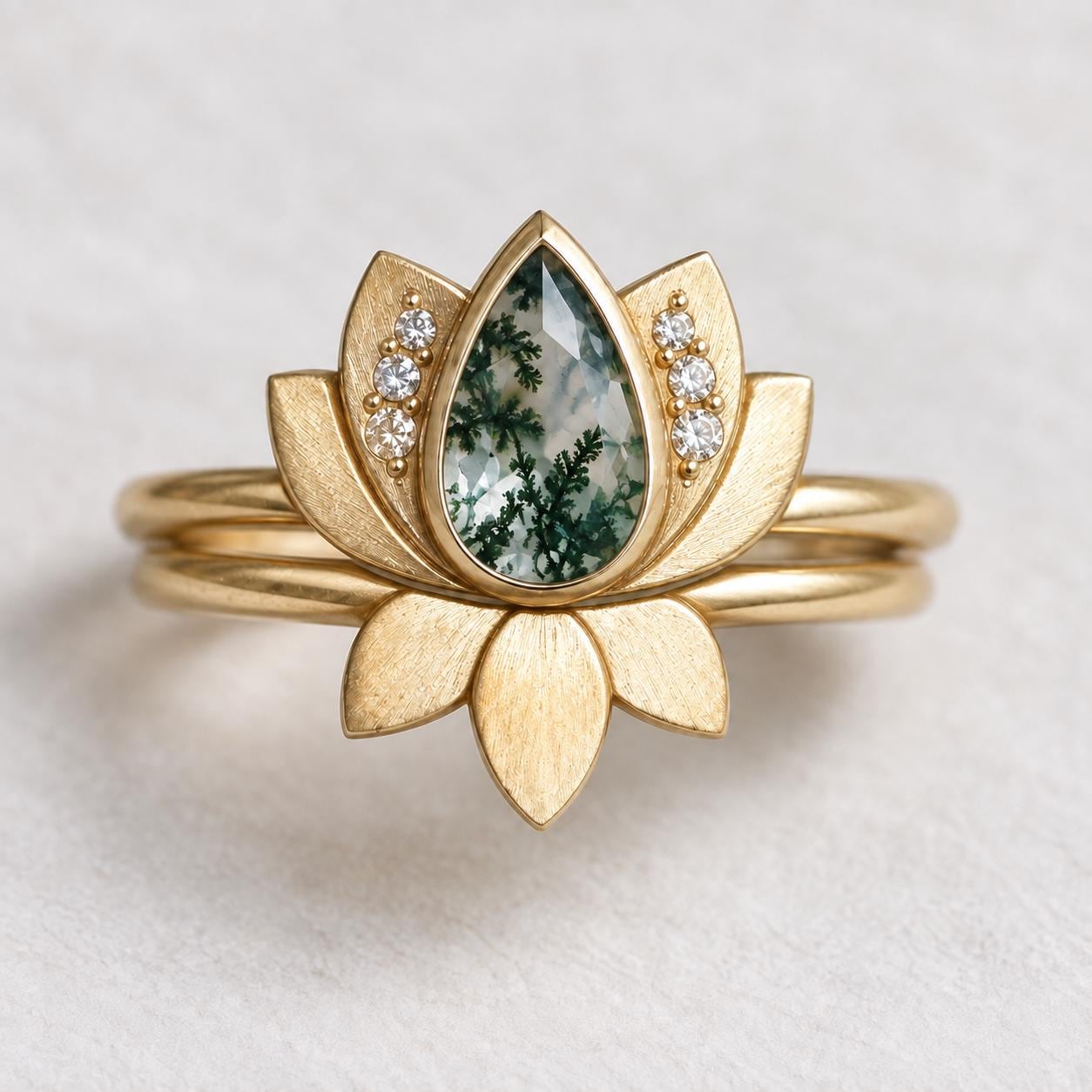 Moss Agate Lotus Bridal Ring Set with Diamond Accents, photo 1