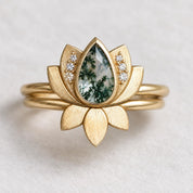 Moss Agate Lotus Bridal Ring Set with Diamond Accents, photo 1