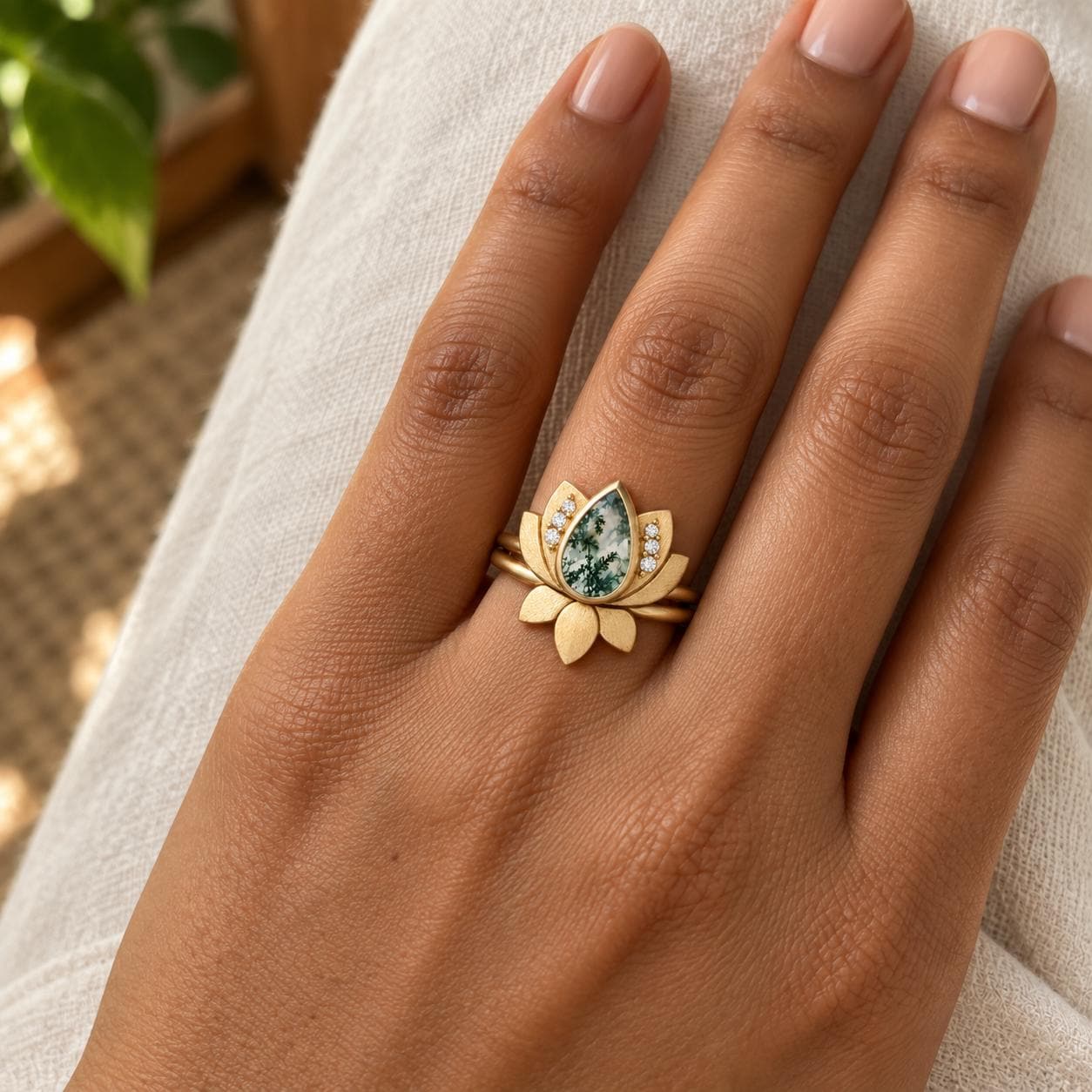 Moss Agate Lotus Bridal Ring Set with Diamond Accents, photo 2