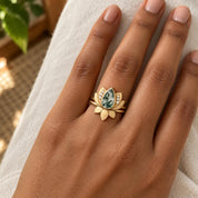 Moss Agate Lotus Bridal Ring Set with Diamond Accents, photo 2