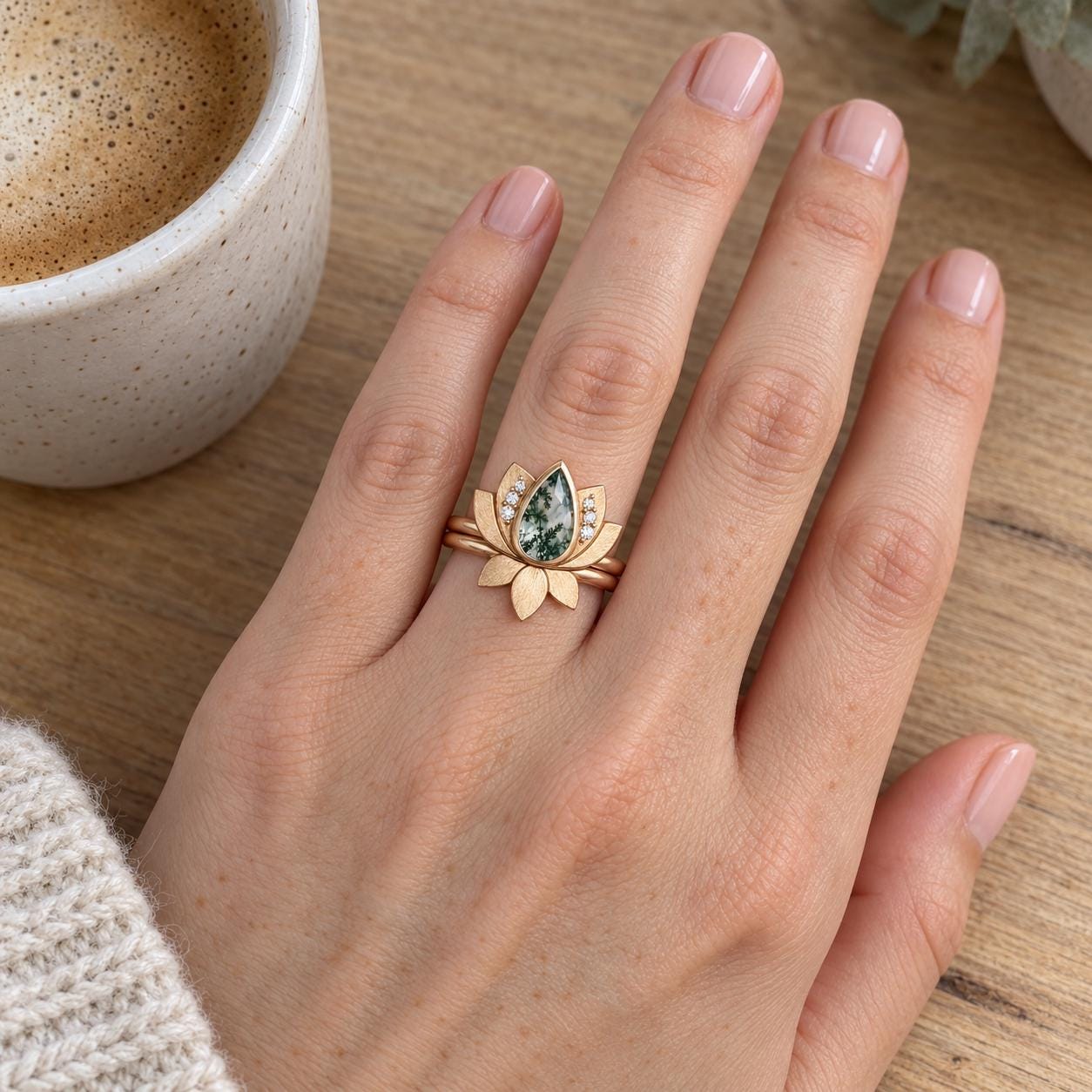 Moss Agate Lotus Bridal Ring Set with Diamond Accents, photo 3