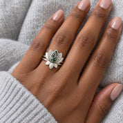 Moss Agate Lotus Bridal Ring Set with Diamond Accents, photo 4