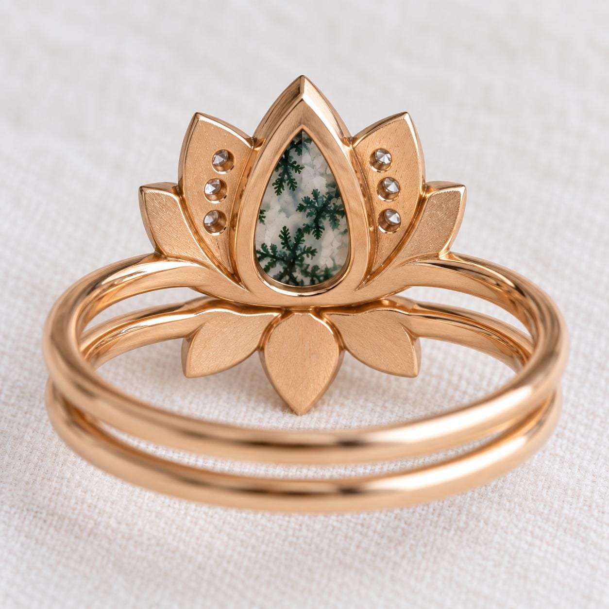 Moss Agate Lotus Bridal Ring Set with Diamond Accents, photo 5