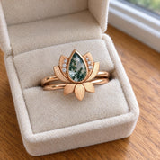 Moss Agate Lotus Bridal Ring Set with Diamond Accents, photo 6