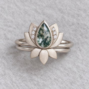 Moss Agate Lotus Bridal Ring Set with Diamond Accents, photo 7