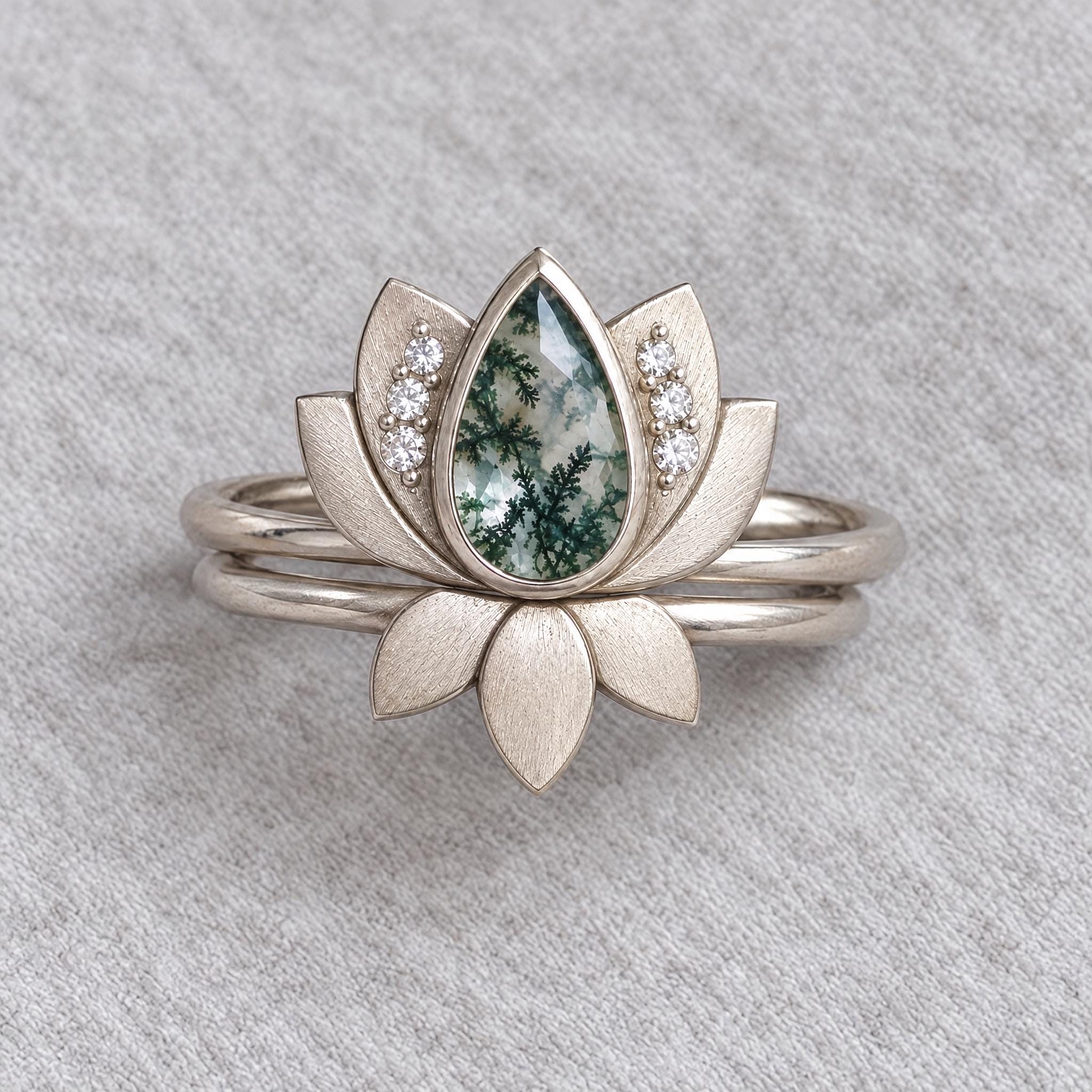 Moss Agate Lotus Bridal Ring Set with Diamond Accents, photo 7