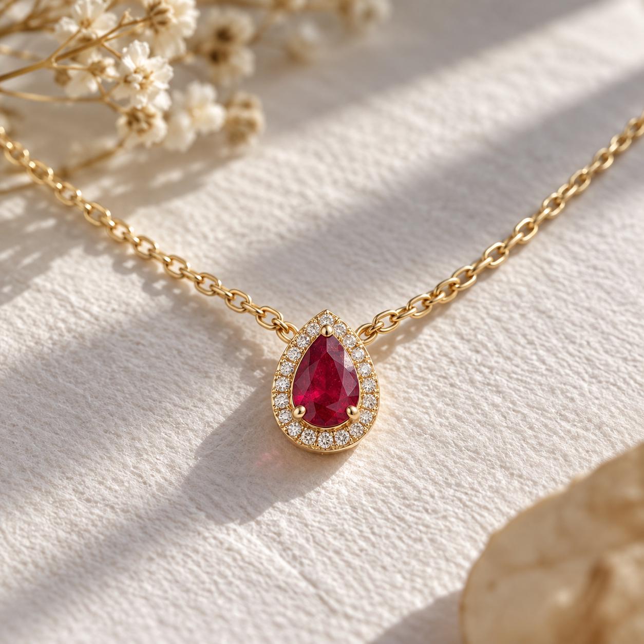 Pear Gemstone & Natural Diamond Halo Necklace, photo 2