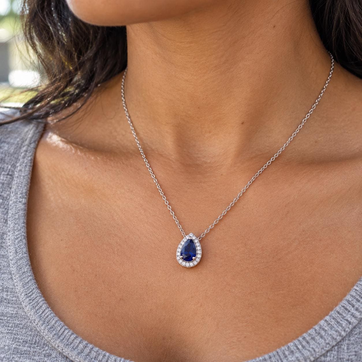 Pear Gemstone & Natural Diamond Halo Necklace, photo 5