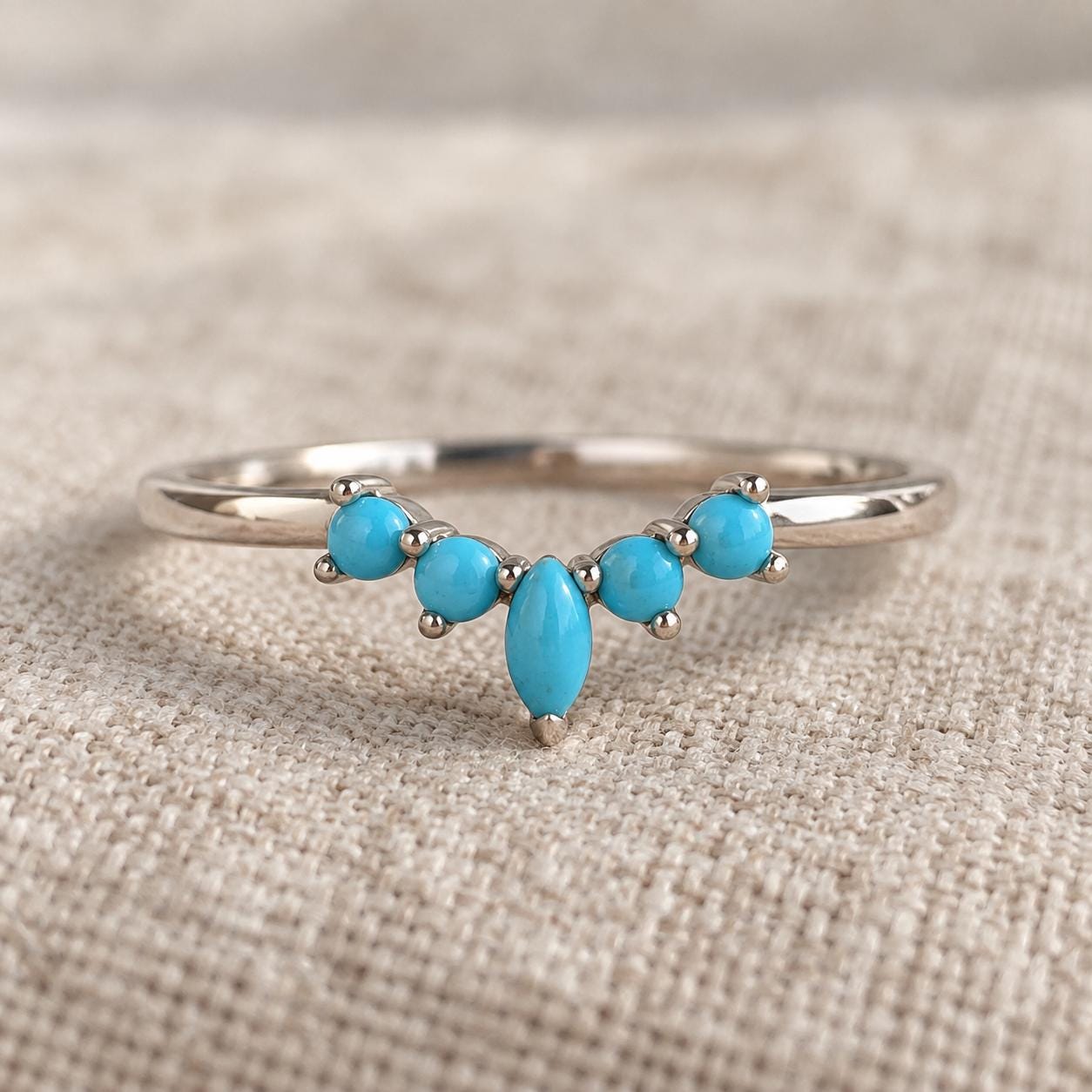 Marquise turquoise chevron wedding band in solid gold, front view