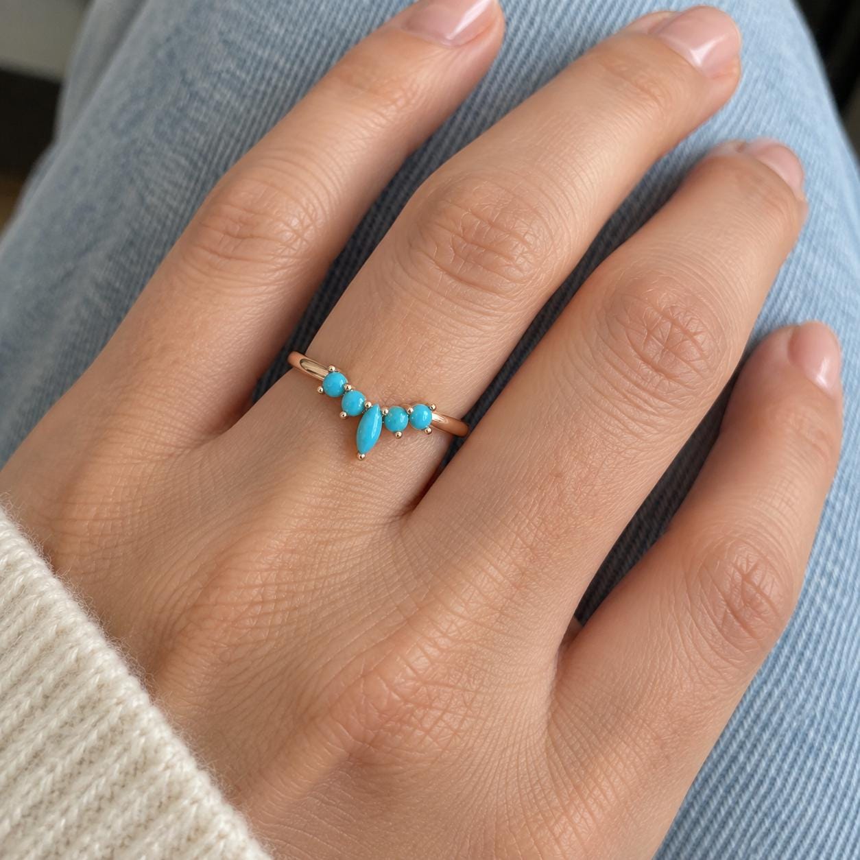 Marquise turquoise chevron wedding band, product photo 4