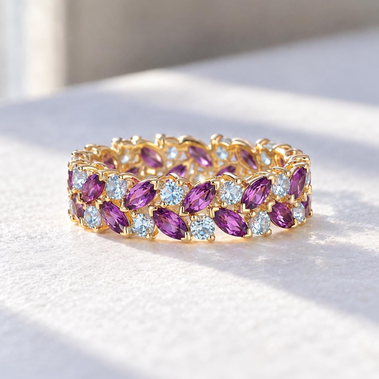 Aquamarine & Amethyst Double-Row Eternity Band, photo 1