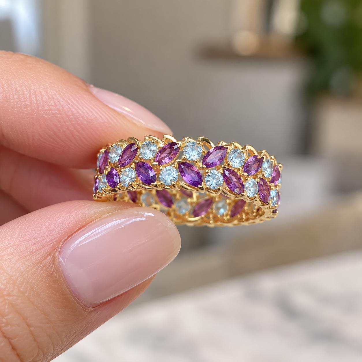 Aquamarine & Amethyst Double-Row Eternity Band, photo 7