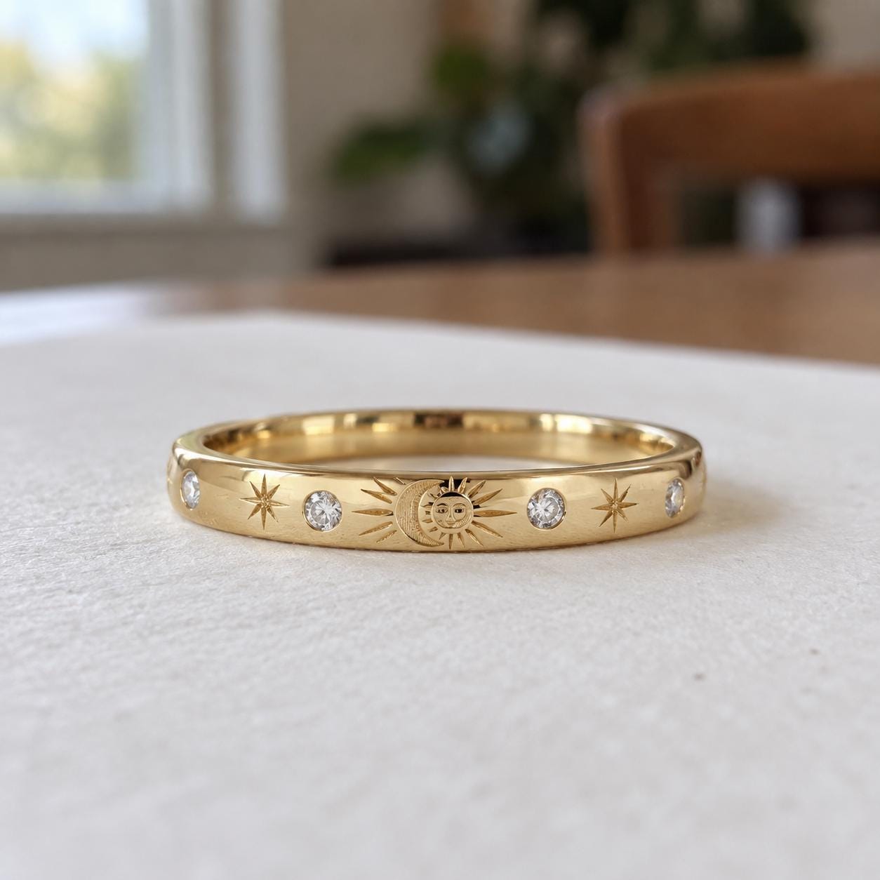 Sun & Moon Diamond Wedding Band in Solid Gold, 2.5 mm, photo 2