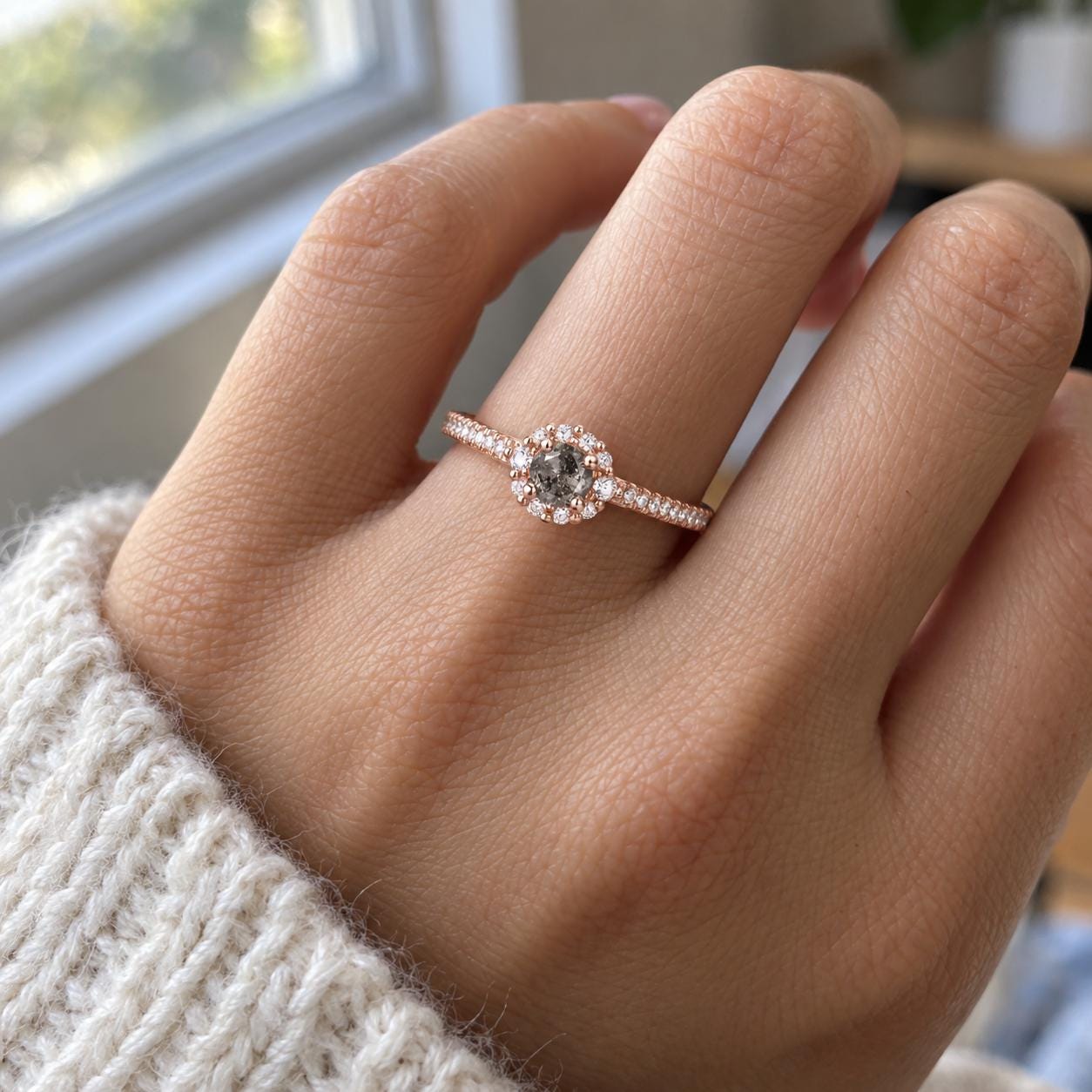 Petite salt and pepper diamond halo ring, photo 1