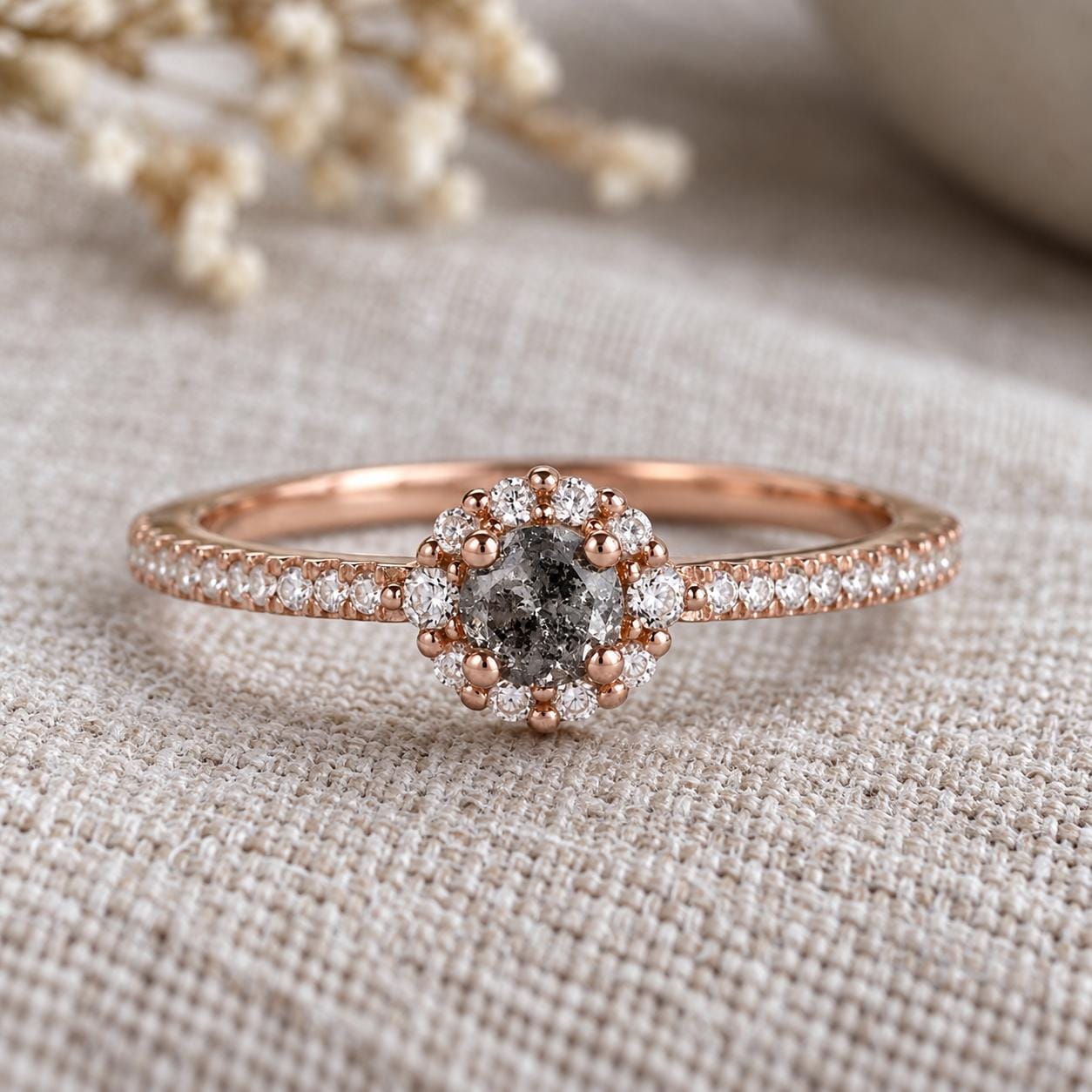 Petite salt and pepper diamond halo ring, photo 2