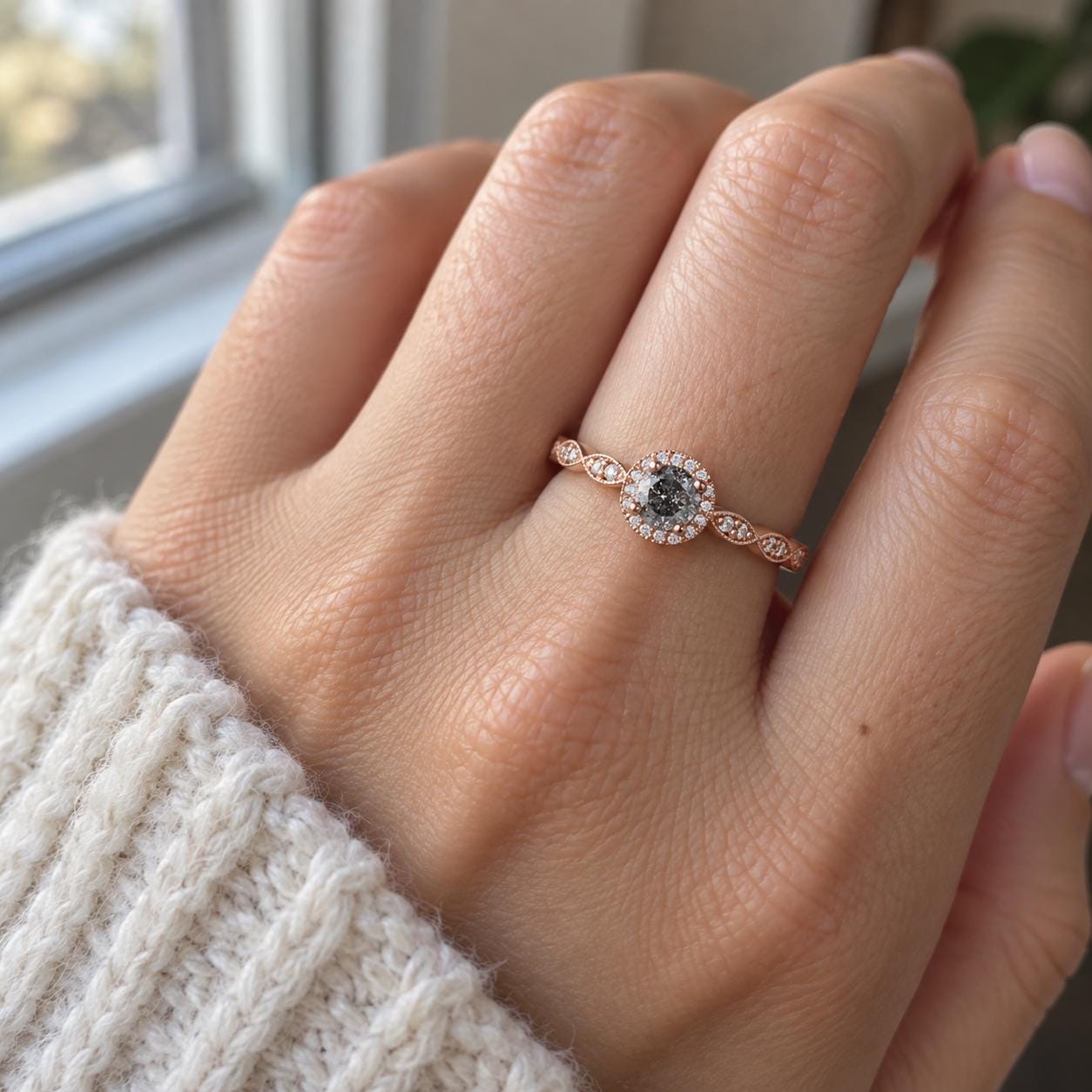 Salt and pepper diamond milgrain halo ring, photo 1