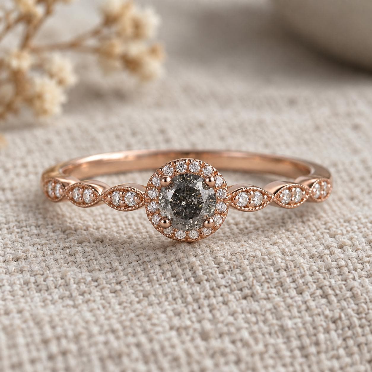 Salt and pepper diamond milgrain halo ring, photo 2