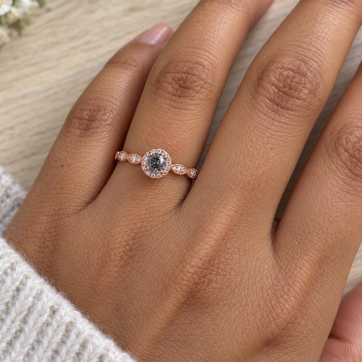 Salt and pepper diamond milgrain halo ring, photo 3