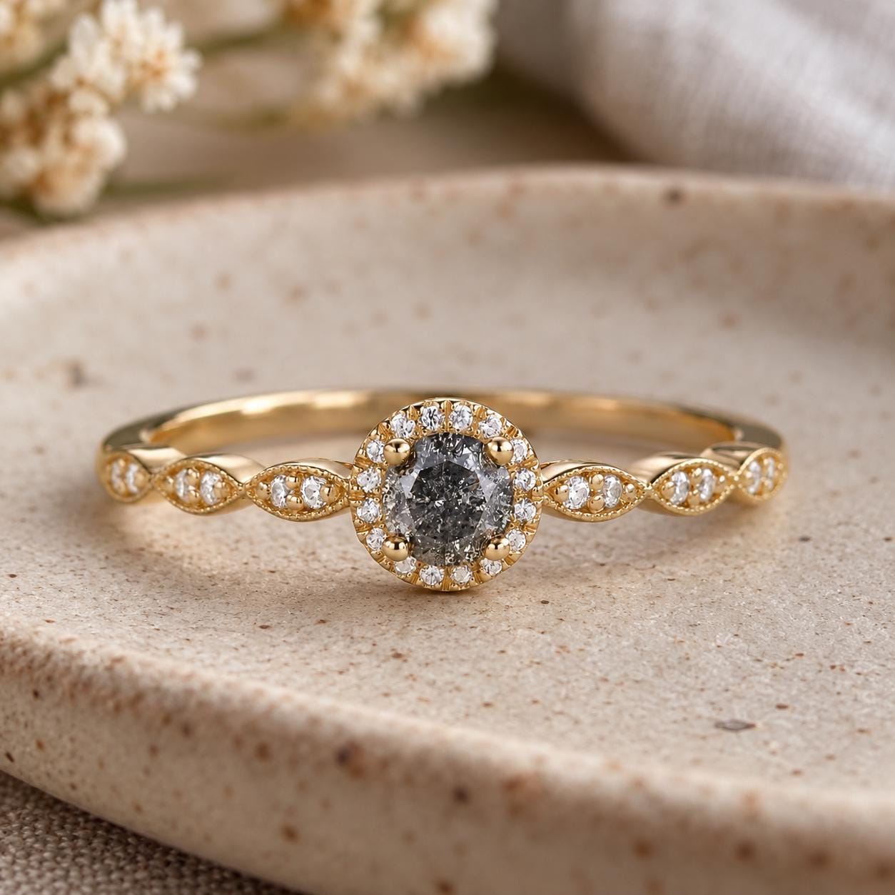 Salt and pepper diamond milgrain halo ring, photo 6