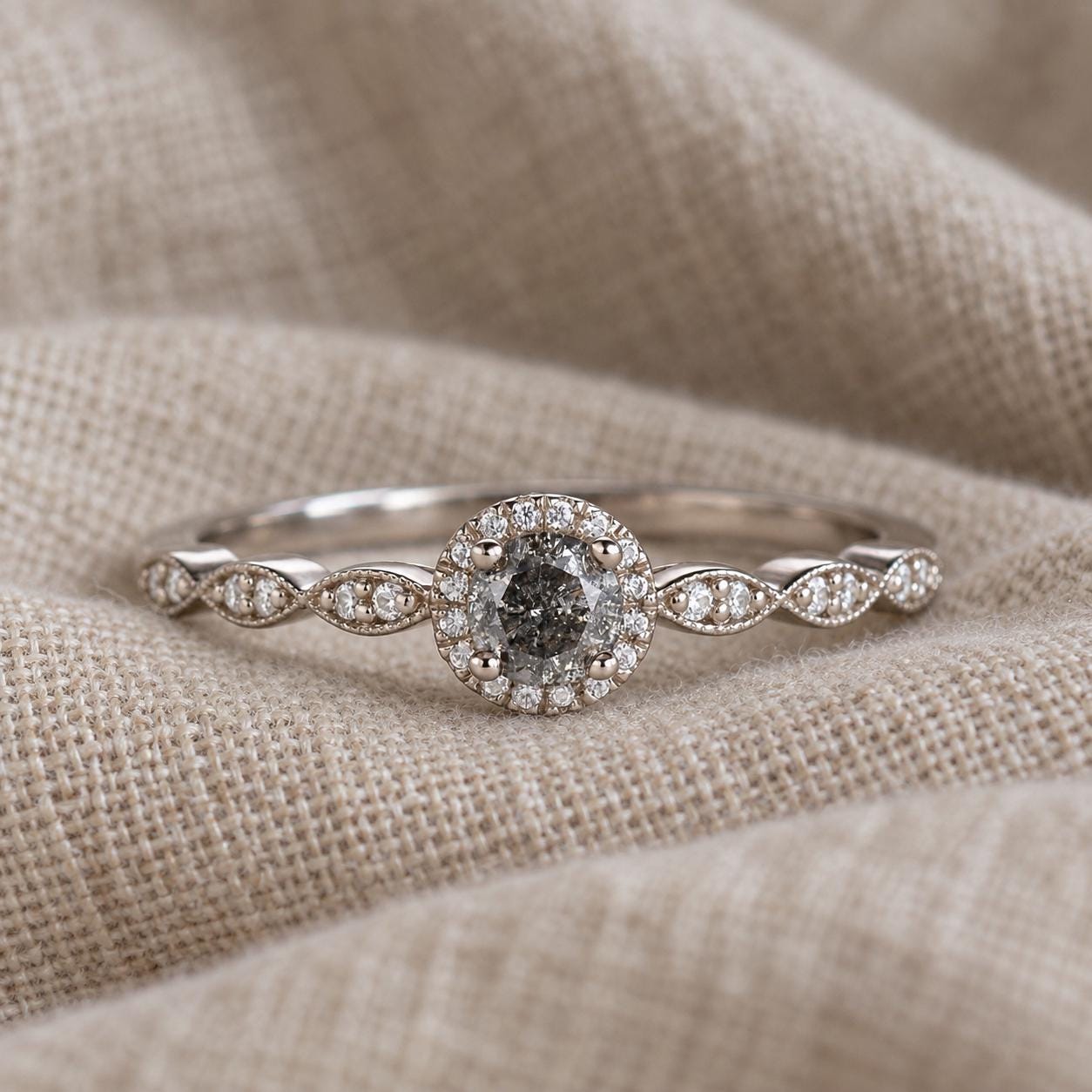 Salt and pepper diamond milgrain halo ring, photo 7