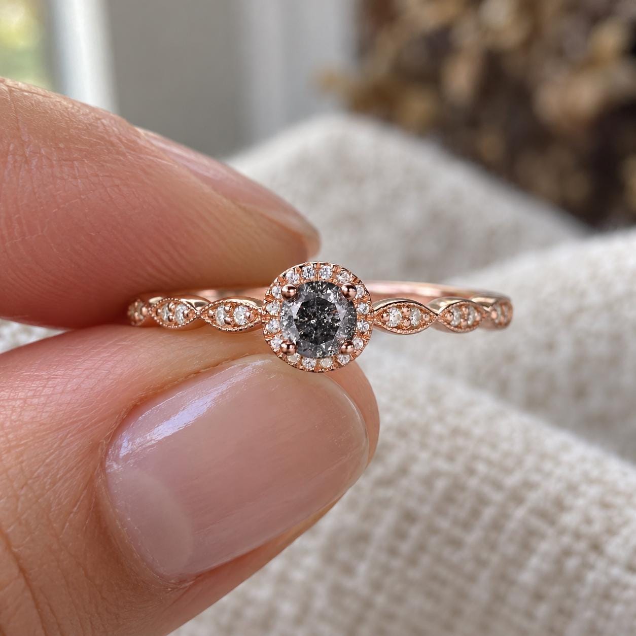 Salt and pepper diamond milgrain halo ring, photo 8