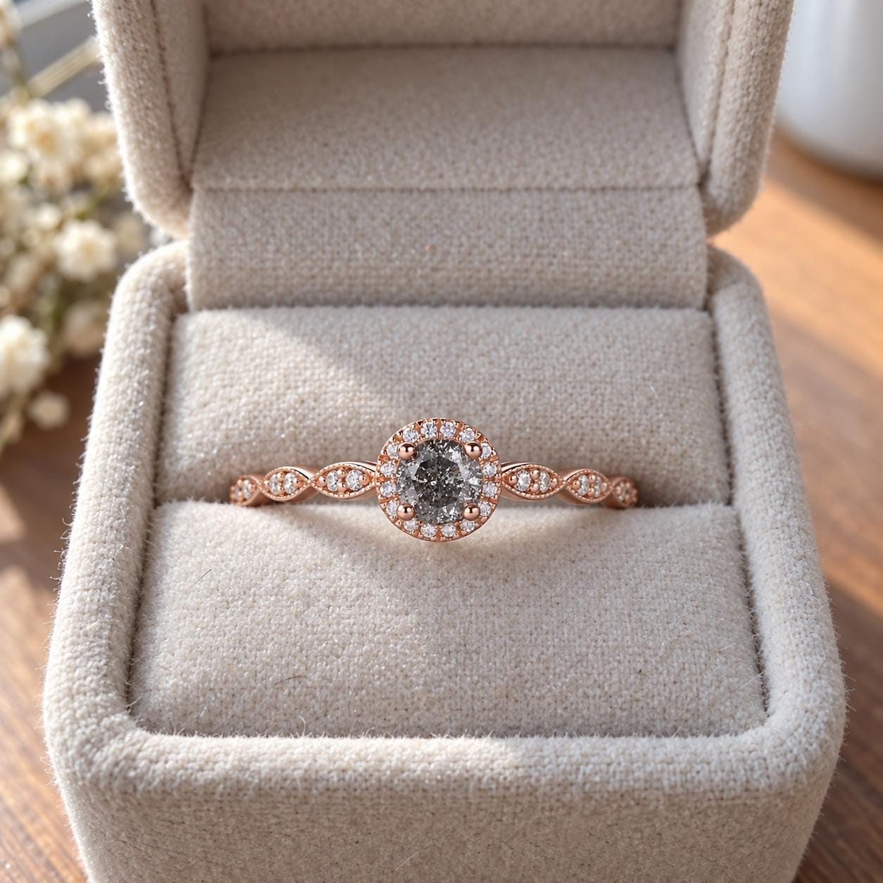 Salt and pepper diamond milgrain halo ring, photo 9