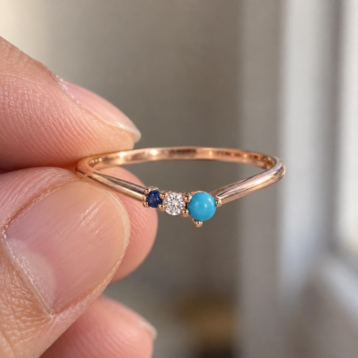 Turquoise diamond and sapphire chevron ring, photo 8