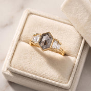 Hexagon salt and pepper diamond ring in jewelry box
