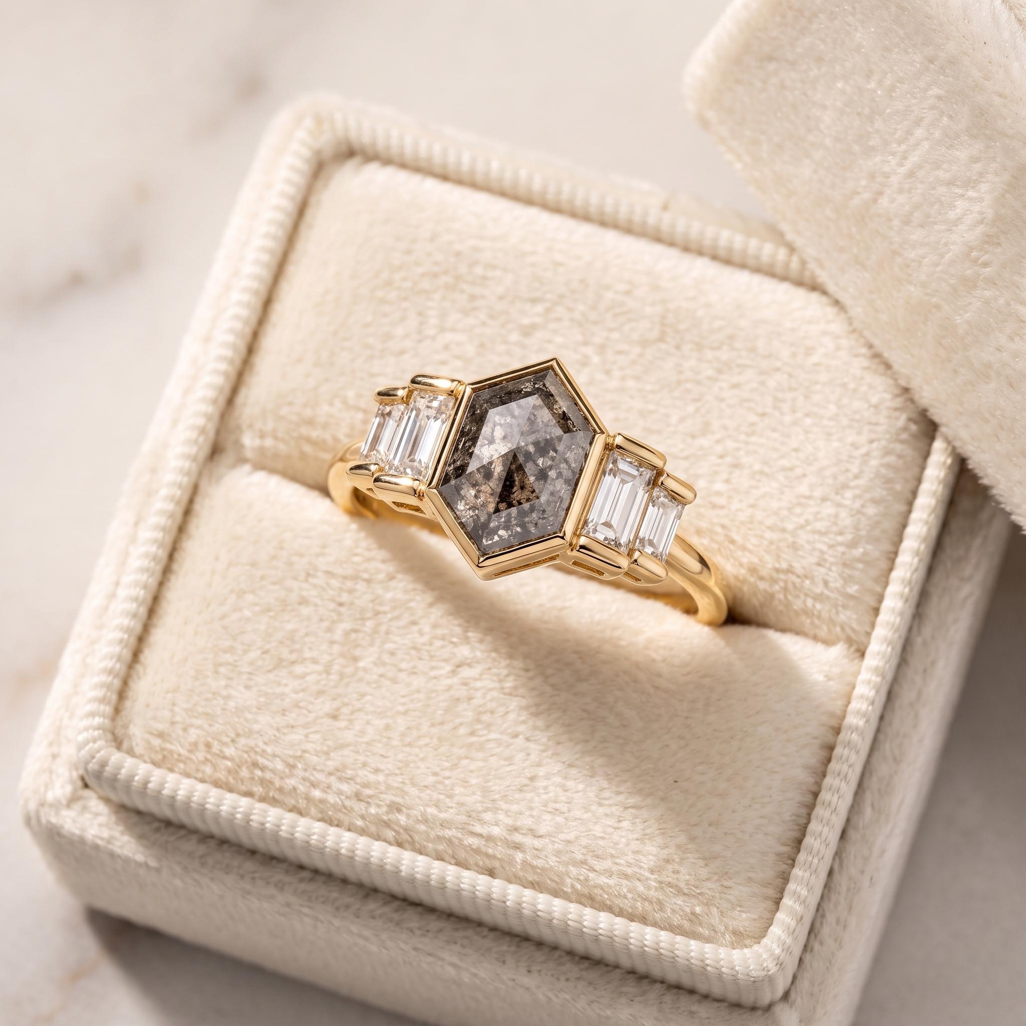 Hexagon salt and pepper diamond ring in jewelry box