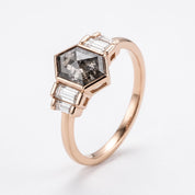 14K rose gold hexagon diamond ring, angled view
