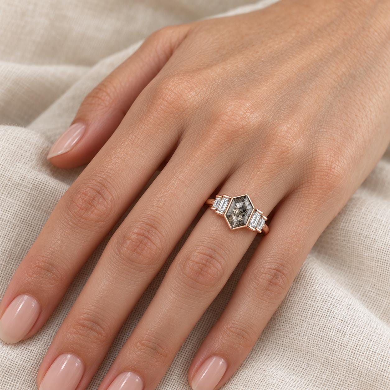 Five stone hexagon salt and pepper diamond ring in 14K rose gold, front view
