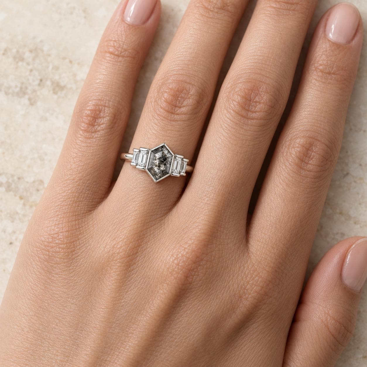 14K white gold hexagon diamond ring, angled view