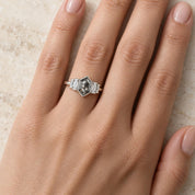 14K white gold hexagon diamond ring, angled view