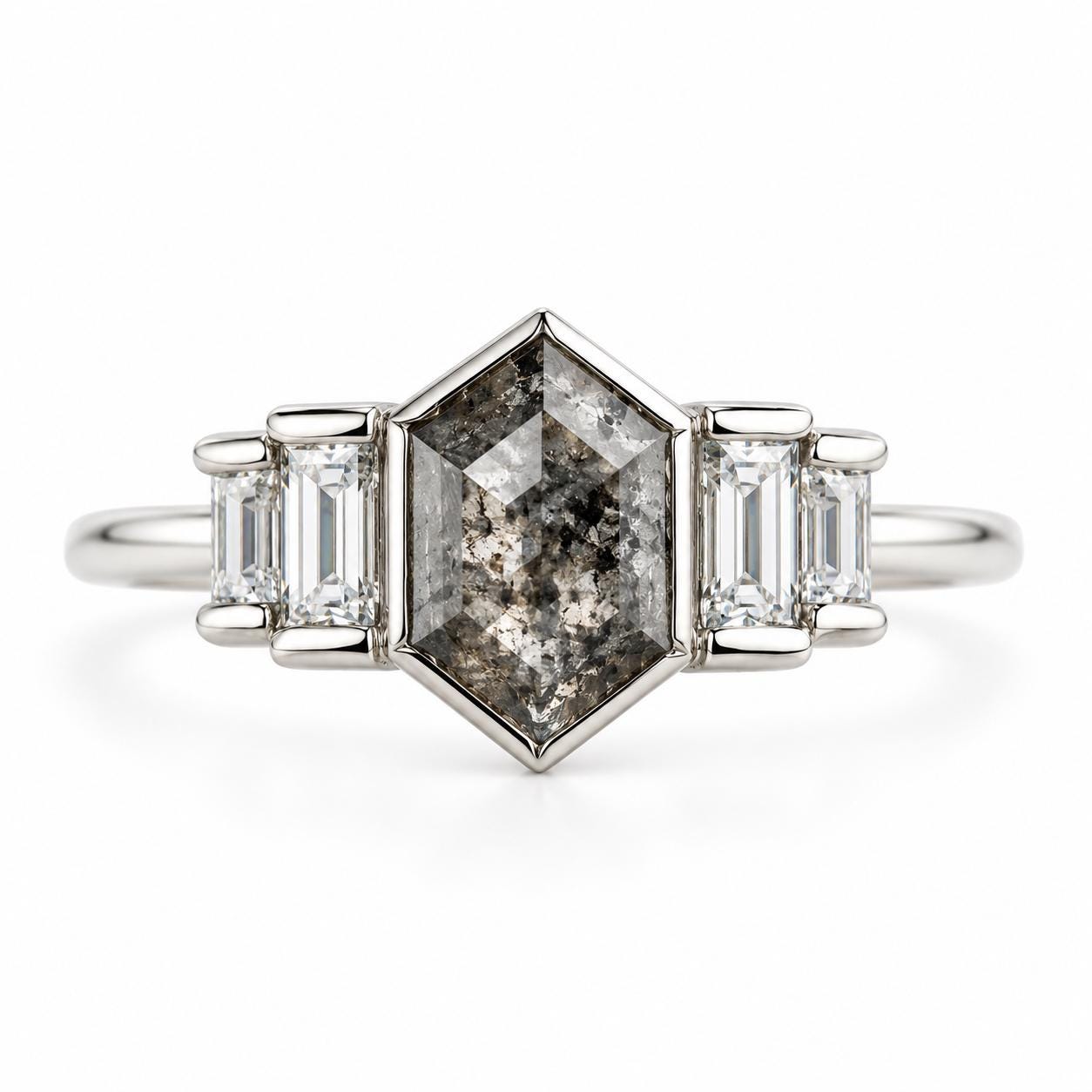 Five stone hexagon salt and pepper diamond ring in 14K white gold, front view